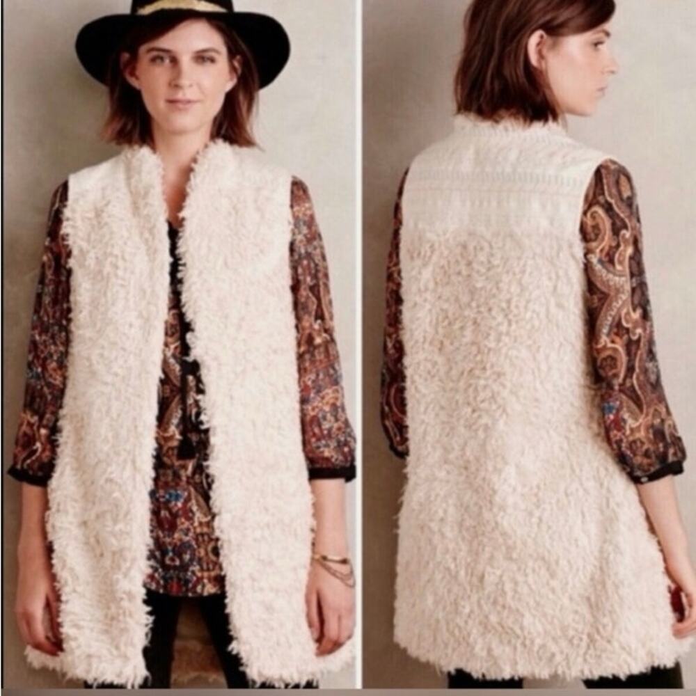 Anthropologie Cream Faux Shearling Long Vest